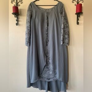 NWT Lan Ting Grey/Silver Lace /Chiffon Mock Jacket Tier Shift Dress MOB Size 16